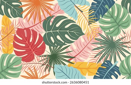 Seamless vector pattern with tropical palm leaves. Green botanical foliage on white background. Perfect for summer textiles, wrapping paper, wallpapers, and packaging design.