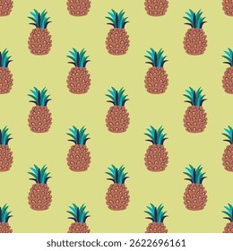 Padrão de vetor sem emenda com abacaxis tropicais em um fundo amarelo claro. Design divertido e de verão ótimo para tecido, embalagem ou artigos de papelaria.