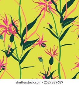Seamless vector pattern with tropical pink flowers and green stems on a vibrant yellow background. Ideal for summer-themed projects.