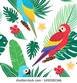 seamless vector pattern with tropical plant leaves and exotic birds. Banana, monstera, palm, hibiscus, frangipani, macaw parrot. Illustration in the style of hand drawn flat. Suitable for background 