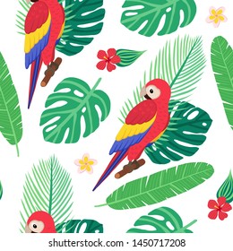 seamless vector pattern with tropical plant leaves and exotic birds. Banana, monstera, palm, hibiscus, frangipani, macaw parrot. Illustration in the style of hand drawn flat. Suitable for background 