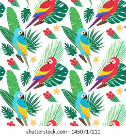 seamless vector pattern with tropical plant leaves and exotic birds. Banana, monstera, palm, hibiscus, frangipani, macaw parrot. Illustration in the style of hand drawn flat. Suitable for background 