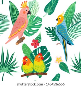 seamless vector pattern with tropical plant leaves and exotic birds. Banana, monstera, palm, hibiscus, frangipani, lovebirds, cockatoos, parrots.  Illustration in the style of hand drawn flat. 