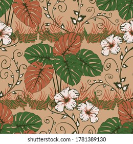 Seamless vector pattern with tropical plants on beige pink background. Romantic rain forest wallpaper design with white flowers.