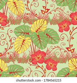 Patrón vectorial sin foco con plantas tropicales sobre fondo azul claro. Diseño de papel pintado floral con flores rosas. El paisaje de la jungla de moda textil.