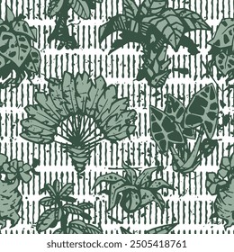 
Seamless vector pattern with tropical plants, short vertical stripes and paint stain texture in gray-green tones.