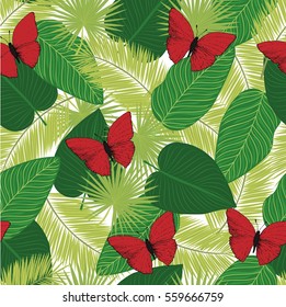 Seamless vector pattern. Tropical plants and butterflies set on the white background.