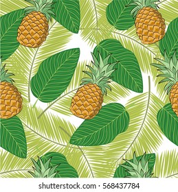 Seamless vector pattern. Tropical plants and pine apples pattern on the white background.