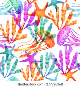 Seamless vector pattern with tropical starfish and jellyfish. Nautical wildlife. Vector illustration. Watercolor background. Isolated elements for easy use.