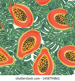 Seamless vector pattern in tropical style - papayas and palm leaves. Summer print for textiles and other seasonal goods.