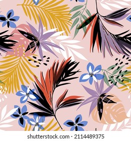 Seamless  vector pattern in tropical style.  botanical print for textile,fabric.Summer background. Jungle illustration.