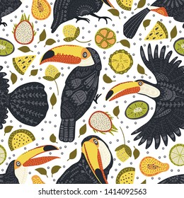 Seamless vector pattern with Tropical Toucan Bird. Animal and Botanic illustration in Scandinavian style. Summer exotic card.
