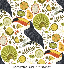 Seamless vector pattern with Tropical Toucan Bird. Animal and Botanic illustration in Scandinavian style. Summer exotic card.