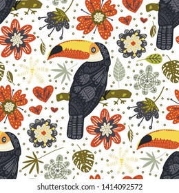Seamless vector pattern with Tropical Toucan Bird. Animal and Botanic illustration in Scandinavian style. Summer exotic card.