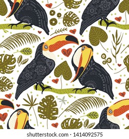 Seamless vector pattern with Tropical Toucan Bird. Animal and Botanic illustration in Scandinavian style. Summer exotic card.