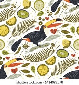 Seamless vector pattern with Tropical Toucan Bird. Animal and Botanic illustration in Scandinavian style. Summer exotic card.