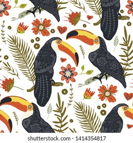 Seamless vector pattern with Tropical Toucan Bird. Animal and Botanic illustration in Scandinavian style. Summer exotic card.