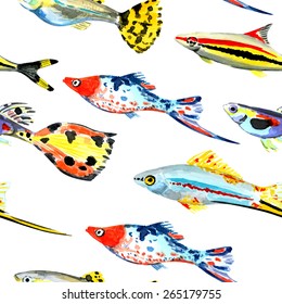 Seamless vector pattern with tropical watercolor fish. Vector illustration. Nautical background. Guppy.