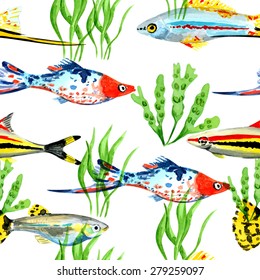 Seamless vector pattern with tropical watercolor fish. Vector illustration. Bright background. Guppy.