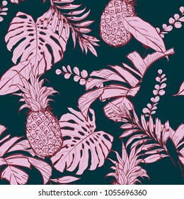 Seamless vector pattern tropical wih maroon outline in the forest for fashion fabric and all prints on stylish dark green background.