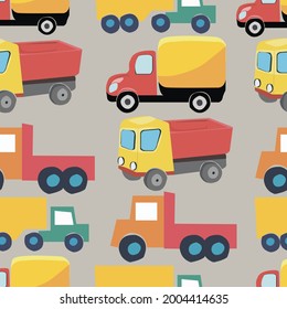 Seamless vector pattern with trucks on pale brown background.