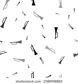 Seamless vector pattern with trumpet symbols, creating a creative monochrome background with rotated elements. Vector illustration on white background
