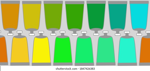 Patrón vectorial sin soldadura de tubos de pinturas artísticas de colores verdes, amarillos, naranjas y turquesas