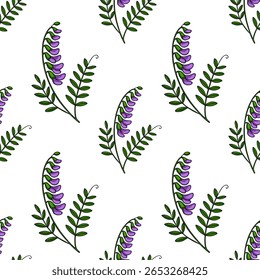 Seamless vector pattern of tufted vetch flowers with vibrant purple blossoms and lush green foliage, ideal for textile prints, wallpapers, and surface designs.