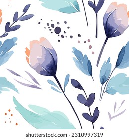 Seamless vector pattern of tulip flowers, leaves and dots in a watercolor style