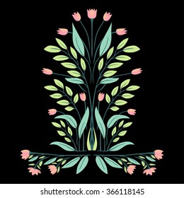 Seamless vector pattern with the tulip world tree on the black background.