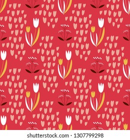 Seamless vector pattern with tulips, abstract and floral little elements