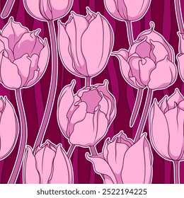 
Seamless vector pattern with tulips in pink tones.