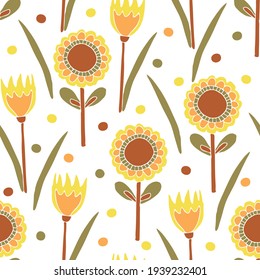 Seamless vector pattern with tulips and sunflowers on white background. Simple hand drawn floral wallpaper design. Summer meadow fashion textile.