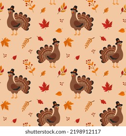 Seamless vector pattern with turkey and autumn leaves. Texture for fabric, wallpaper, apparel, wrapping. Happy Thanksgiving.