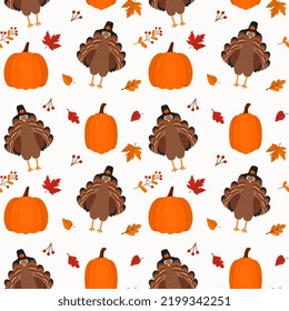 Seamless vector pattern with turkey and pumpkins. Texture for fabric, wallpaper, apparel, wrapping. Happy Thanksgiving.