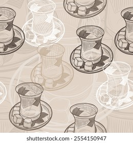 Seamless vector pattern with turkish tea cup saucer sugar cubes, line drawing elegant minimalist design, universal print in coffee tones, stylish timeless, cozy perfect for textile, packaging, kitchen