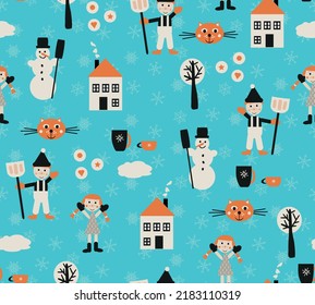 Seamless vector pattern in turquoise blue, orange and black and white with snowman, snowflakes, cookies, cat, cup of tea, boy, girl, house, tree. Winterly scene.