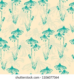 Seamless vector pattern of turquoise daisies on light background. Stock illustration.