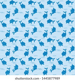 Seamless vector pattern with turquoise dolphins on a turquoise background, textured, artistic. Children's pattern for packaging, packaging, surface, fabric design.