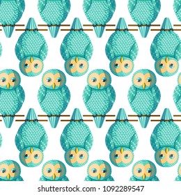 Seamless vector pattern with turquoise owls. Repetitive background with vector birds teal color. Cute funny cyan owls in the repetitive seamless vector pattern.