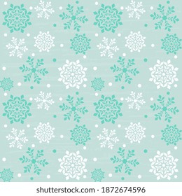 Seamless vector pattern with turquoise and white snowflakes, dots on a bluish background, for packaging, surfaces, cards, wallpapers. Festive illustration with old antique texture.