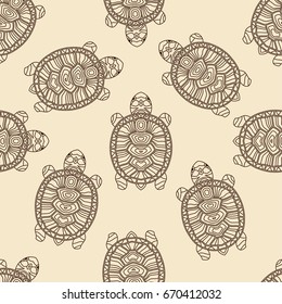 Seamless vector pattern with turtles. Hand painted tribal styled tortoises.