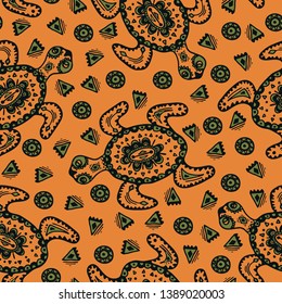 Seamless vector pattern with turtles on orange background. African tribal tortoise wallpaper design.
Ethnic fashion textile.
