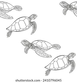 Seamless vector pattern with turtles on a white background. Outline illustration. Black and white.  Perfect for design templates, wallpaper, wrapping, fabric and textile.