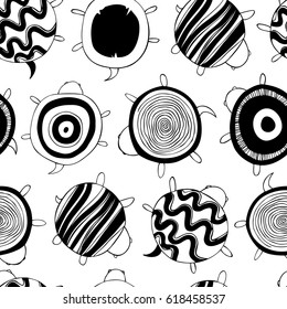 Seamless vector pattern with turtles, tortoises, terrapins. Decorative drawn background