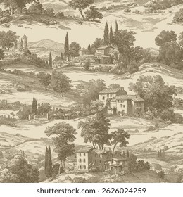Padrão de vetor sem emenda com paisagem toscana ou provencal. Ilustração estilo de gravação vintage.