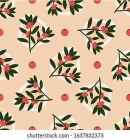 Seamless vector pattern with twigs and berries of a cowberry on a pink background. Can be used for printing, textiles, Wallpaper, and your design