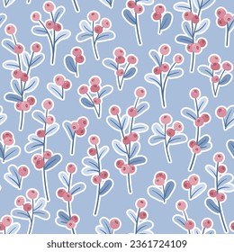 Seamless vector pattern with twigs and berries on a blue background