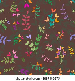 Seamless vector pattern of twigs, flowers, and leaves. Colorful plant elements for design. Ready-made backgrounds for wrapping paper, Easter, birthday.