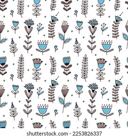 Seamless vector pattern with twigs and flowers in a flat style on a white background